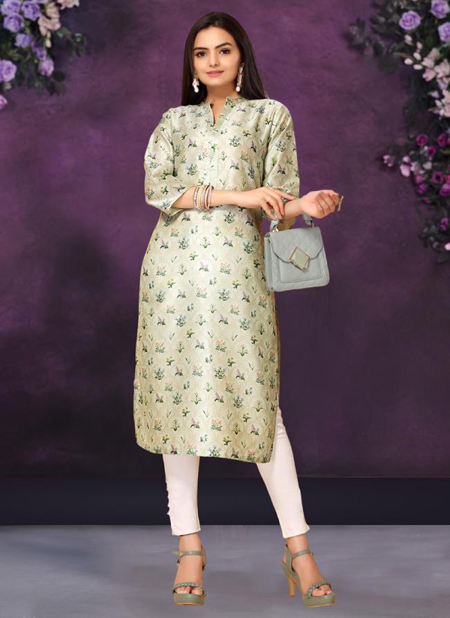 Poly Chanderi Light Green Festival Wear Printed Readymade Kurti